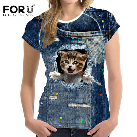 FORUDESIGNS Black Cat Printing Women T Shirt 3D Cat Dog T-Shirt Casual Female Round Neck Short Sleeve Fashion Tops Tee Shirts