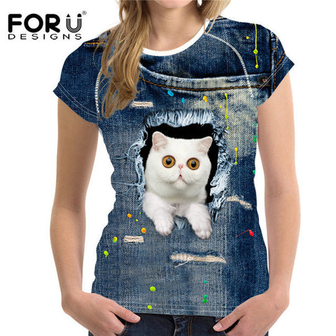 FORUDESIGNS Black Cat Printing Women T Shirt 3D Cat Dog T-Shirt Casual Female Round Neck Short Sleeve Fashion Tops Tee Shirts