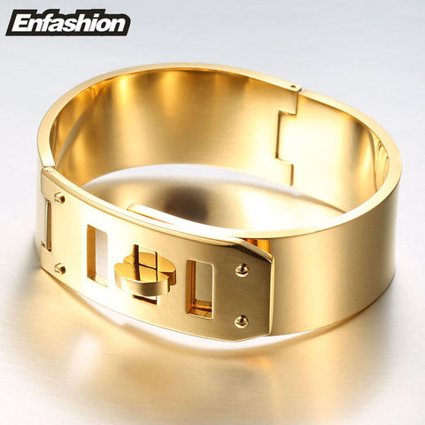 Enfashion Jewelry Punk Wide Belt Buckle Cuff Bracelet Gold color Stainless Steel Bangles Bracelets For Women bracelet Pulseiras
