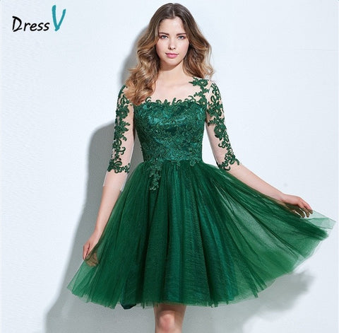 Dressv scoop neck A-line cocktail dress green appliques 3/4 length sleeves button knee-length cocktail dress formal party dress