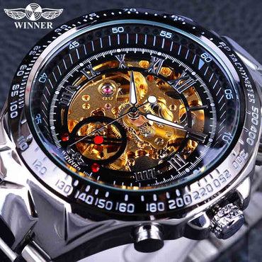 Winner Classic Series Golden Movement Inside Silver Stainless Steel Mens Skeleton Watch Top Brand Luxury Fashion Automatic Watch