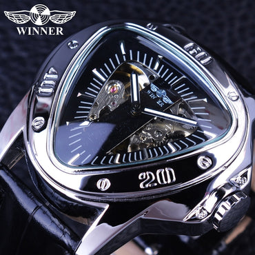 Winner Creative Racing Design Triangle Design Silver Skeleton Dial Mens Watch Top Brand Luxury Automatic Mechanical Watch Clock
