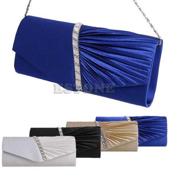 New 1Pc Women's Pleated Rhinestone-Studded Satin Handbag Evening Clutch Bags