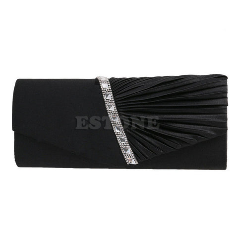 New 1Pc Women's Pleated Rhinestone-Studded Satin Handbag Evening Clutch Bags