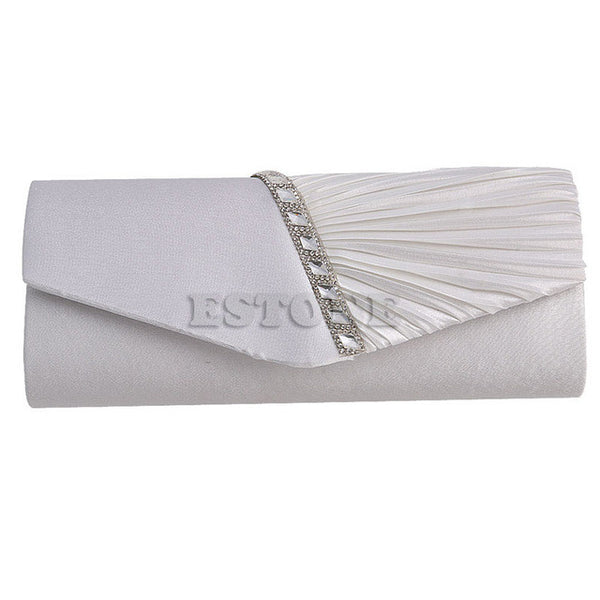 New 1Pc Women's Pleated Rhinestone-Studded Satin Handbag Evening Clutch Bags