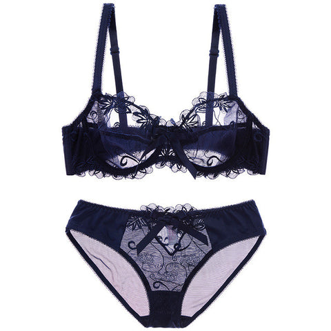 Fashion embroidery bras underwear women set plus size lingerie sexy C D cup Ultrathin transparent bra panties lace bra set black