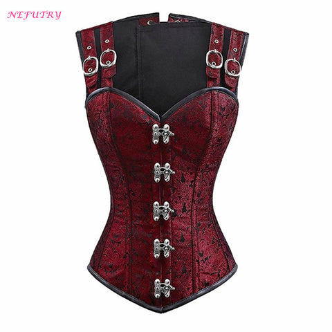 NEFUTRY Sexy Black Gothic Corset Overbust Steampunk Clothing Corsets and Bustiers Strap Bustier Gothic Retro Corselet Espartilho