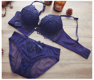 DeRuiLaDy Fashion Flower Embroidery Women Bra Set Adjusted Super Push Up Thick Underwear Women Padded Bralette Bra Panty Set