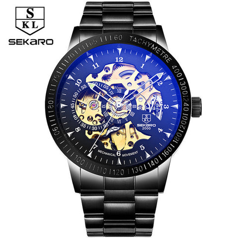 2017 New Black Men Skeleton Stainless Steel Bracelet Antique Steampunk Automatic Mechanical Skeleton Men's Casual Watches