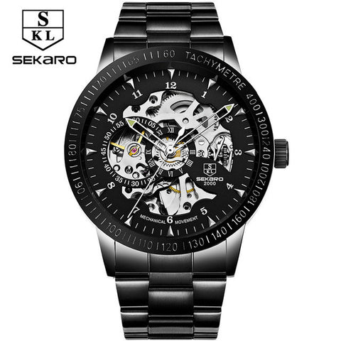 2017 New Black Men Skeleton Stainless Steel Bracelet Antique Steampunk Automatic Mechanical Skeleton Men's Casual Watches