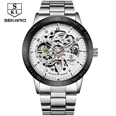 2017 New Black Men Skeleton Stainless Steel Bracelet Antique Steampunk Automatic Mechanical Skeleton Men's Casual Watches