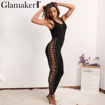 Glamaker Side eyelet lace up v neck sleeveless sexy jumpsuit romper Autumn fashion bodycon women jumpsuit Black cool overalls