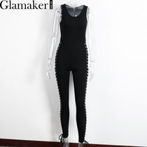 Glamaker Side eyelet lace up v neck sleeveless sexy jumpsuit romper Autumn fashion bodycon women jumpsuit Black cool overalls