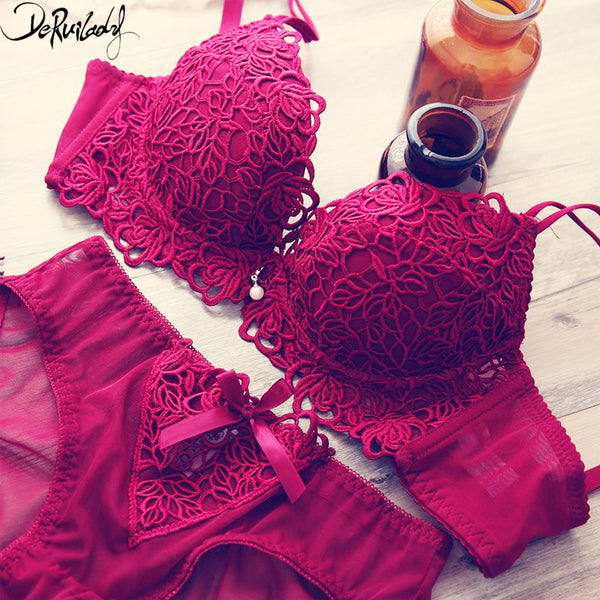 DeRuiLaDy Fashion Flower Embroidery Women Bra Set Adjusted Super Push Up Thick Underwear Women Padded Bralette Bra Panty Set