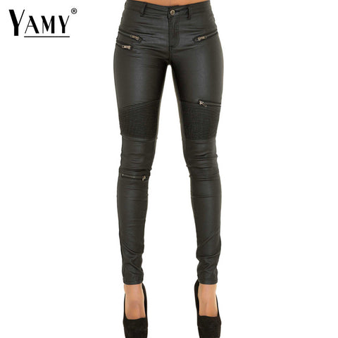 New PU Leather Patchwork Pants Women 2017 autumn Zippers low waist elastic Skinny Pencil Pants Plus Size Slim black Trousers