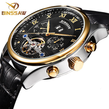 Fashion Luxury Brand BINSSAW leather Tourbillon Watch Automatic Men Wristwatch Men Mechanical steel Watches relogio masculino