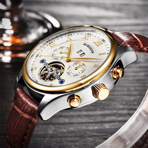 Fashion Luxury Brand BINSSAW leather Tourbillon Watch Automatic Men Wristwatch Men Mechanical steel Watches relogio masculino