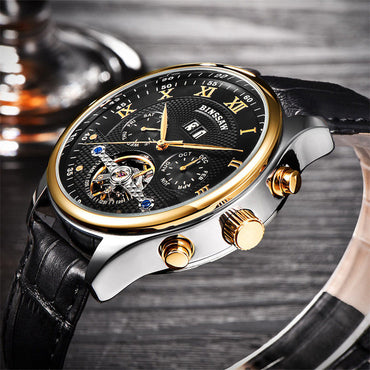 Fashion Luxury Brand BINSSAW leather Tourbillon Watch Automatic Men Wristwatch Men Mechanical steel Watches relogio masculino
