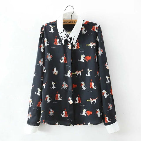 Brand New Women Cute Cat Print Special Collar Long Sleeve Shirt  Blouse Casual  tops Blusas