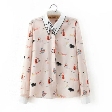 Brand New Women Cute Cat Print Special Collar Long Sleeve Shirt  Blouse Casual  tops Blusas