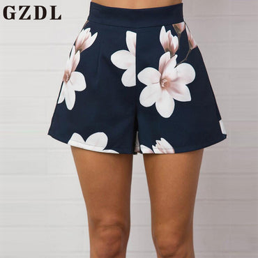 GZDL Fashion Navy Blue Floral Print Women Shorts Summer High Waist Casual Pockets Zipper Back Ladies Beach Mini Shorts CL3872