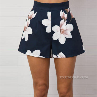 GZDL Fashion Navy Blue Floral Print Women Shorts Summer High Waist Casual Pockets Zipper Back Ladies Beach Mini Shorts CL3872