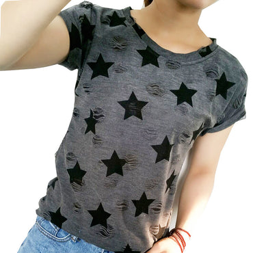 2017 New Women Summer Casual Basic T-shirt Stars printed Top Tee short sleeves hole Plus Size Cotton blusas