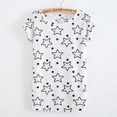 2017 New Women Summer Casual Basic T-shirt Stars printed Top Tee short sleeves hole Plus Size Cotton blusas