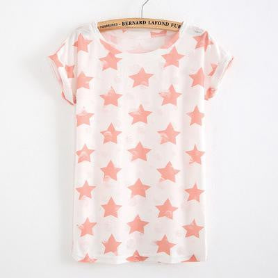 2017 New Women Summer Casual Basic T-shirt Stars printed Top Tee short sleeves hole Plus Size Cotton blusas