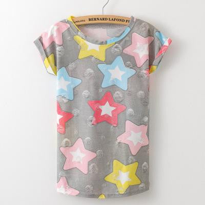 2017 New Women Summer Casual Basic T-shirt Stars printed Top Tee short sleeves hole Plus Size Cotton blusas