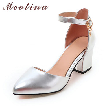 Meotina Shoes Woman 2017 New High Heels Spring Ladies Pumps Summer Two Piece Thick Heels Footwear Ankle Strap Shoes Sliver 34-43