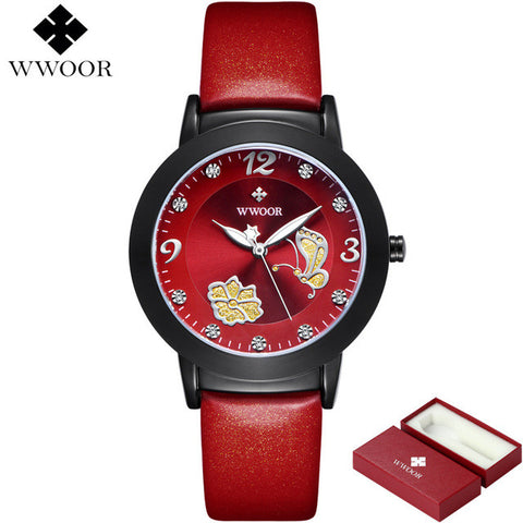 New Top Brand Flower Butterfly Genuine Leather montre femme Casual Dress Watch Ladies Wrist Quartz Watch Women Watches Red Clock