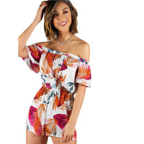 SheIn Summer Multicolor Palm Leaf Print Layered Knot Front Open Back Playsuit Off the Shoulder Short Sleeve Sexy Romper