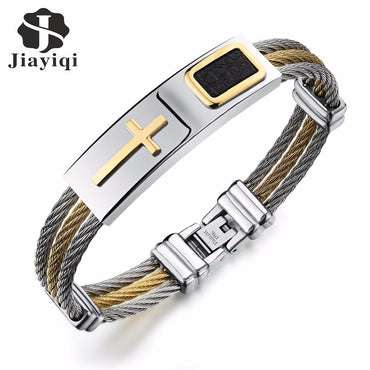 Jiayiqi Fashion Men Bracelet Cross Stainless Steel 3 Rows Wire Chain Cuff Bangles for Men Jewelry Punk Silver Gold Color Gifts