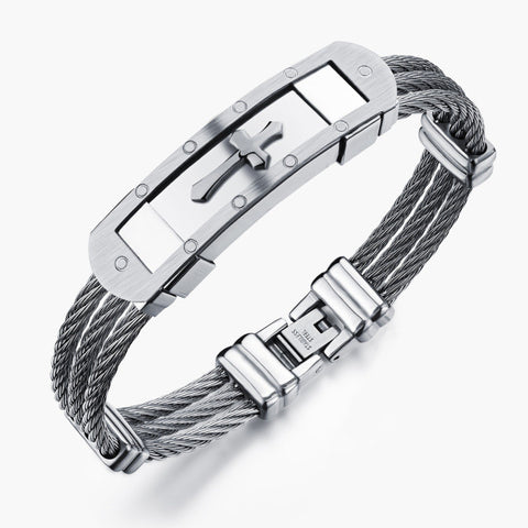 Jiayiqi Fashion Men Bracelet Cross Stainless Steel 3 Rows Wire Chain Cuff Bangles for Men Jewelry Punk Silver Gold Color Gifts