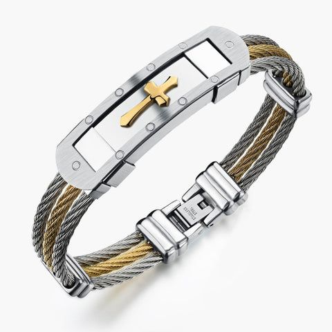 Jiayiqi Fashion Men Bracelet Cross Stainless Steel 3 Rows Wire Chain Cuff Bangles for Men Jewelry Punk Silver Gold Color Gifts