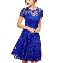 2017 hot sell O-Neck Casual Women Floral Lace A-line Dresses Short Sleeve Soild Color Blue Red Black Party A variety of size Min