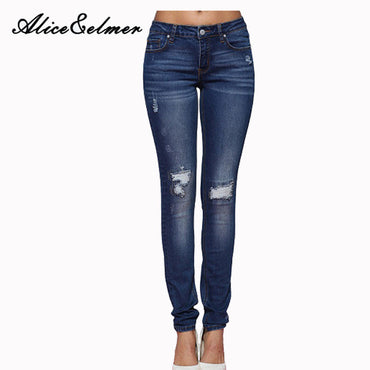 Alice & Elmer Hole Ripped Jeans Women Jeans Woman Jeans For Girls Stretch Mid Waist Skinny Jeans Female Pants