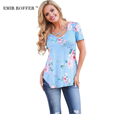 EMIR ROFFER 2017 Fashion Floral Print T-shirts Women Female Summer Top Casual Big Size Cross V Neck Tee Shirt Femme Tshirt