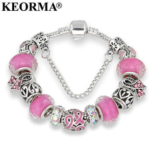 KEORMA Lovely Girl Silver Color Women Bracelet Murano Glass Bead Crystal New Breast Cancer Awareness Pink Ribbon Charm Bracelet