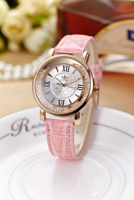 FOURRON Fashion Quartz Women Watch Rhinestone Leather Casual Dress Watches Rose Gold Ladies clock relogio feminino montre femme