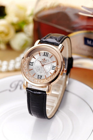 FOURRON Fashion Quartz Women Watch Rhinestone Leather Casual Dress Watches Rose Gold Ladies clock relogio feminino montre femme