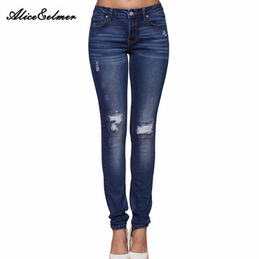Alice & Elmer Hole Ripped Jeans Women Jeans Woman Jeans For Girls Stretch Mid Waist Skinny Jeans Female Pants