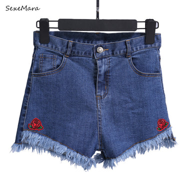 Denim shorts Flower Embroidered Shorts Jeans Women Slim Casual Boho Blue Denim For Feminine Lady Flora Stretchy Waist Ripped