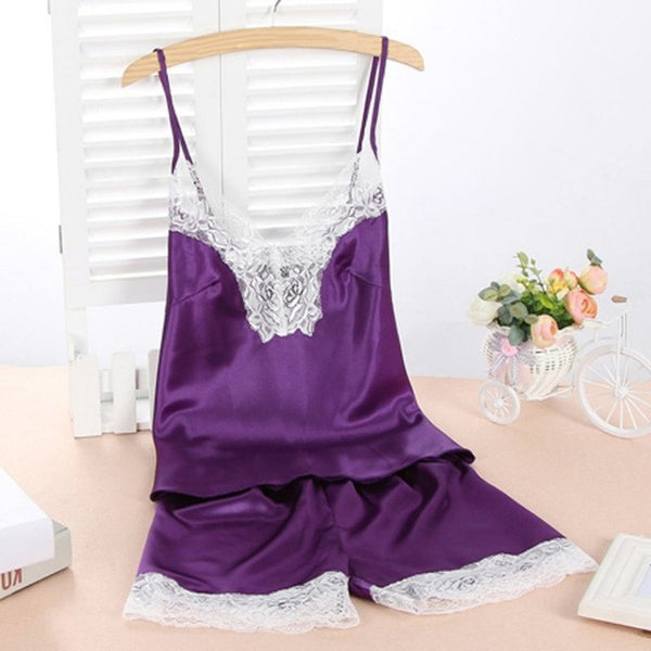 New Women Satin Sexy Lace Robe Shorts Sleepwear Nightwear Pajamas Set Hot S1