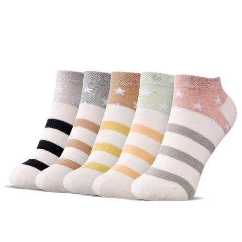 LIEBE ENGEL 2017 New Spring Summer Kawaii Women Socks Cute Cartoon Cat Striped Cotton Socks for Female (5 Pairs/Set)