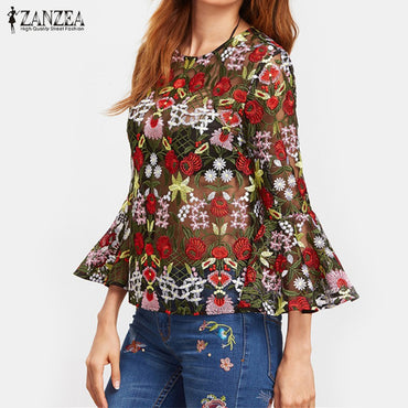 ZANZEA Women 2017 Retro Floral Embroidery Blouses Tops Sexy Mesh Blusas Shirts Casaul O Neck Flare Sleeve Pullover Plus Size