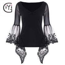 GIYI Flare Bell Sleeve Sheer Lace Panel Top Women Summer Long Sleeve Vintage Sexy Floral Lace Chiffon Blouse Shirt White Black