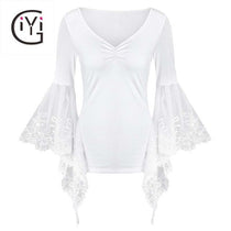 GIYI Flare Bell Sleeve Sheer Lace Panel Top Women Summer Long Sleeve Vintage Sexy Floral Lace Chiffon Blouse Shirt White Black