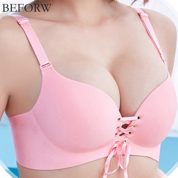 BEFORW Big Size D Cup Bra No Rims Super Push Up Women Bra Big Size Sexy Bra Seamless Bra Gather Adjustable Underwear Brassiere